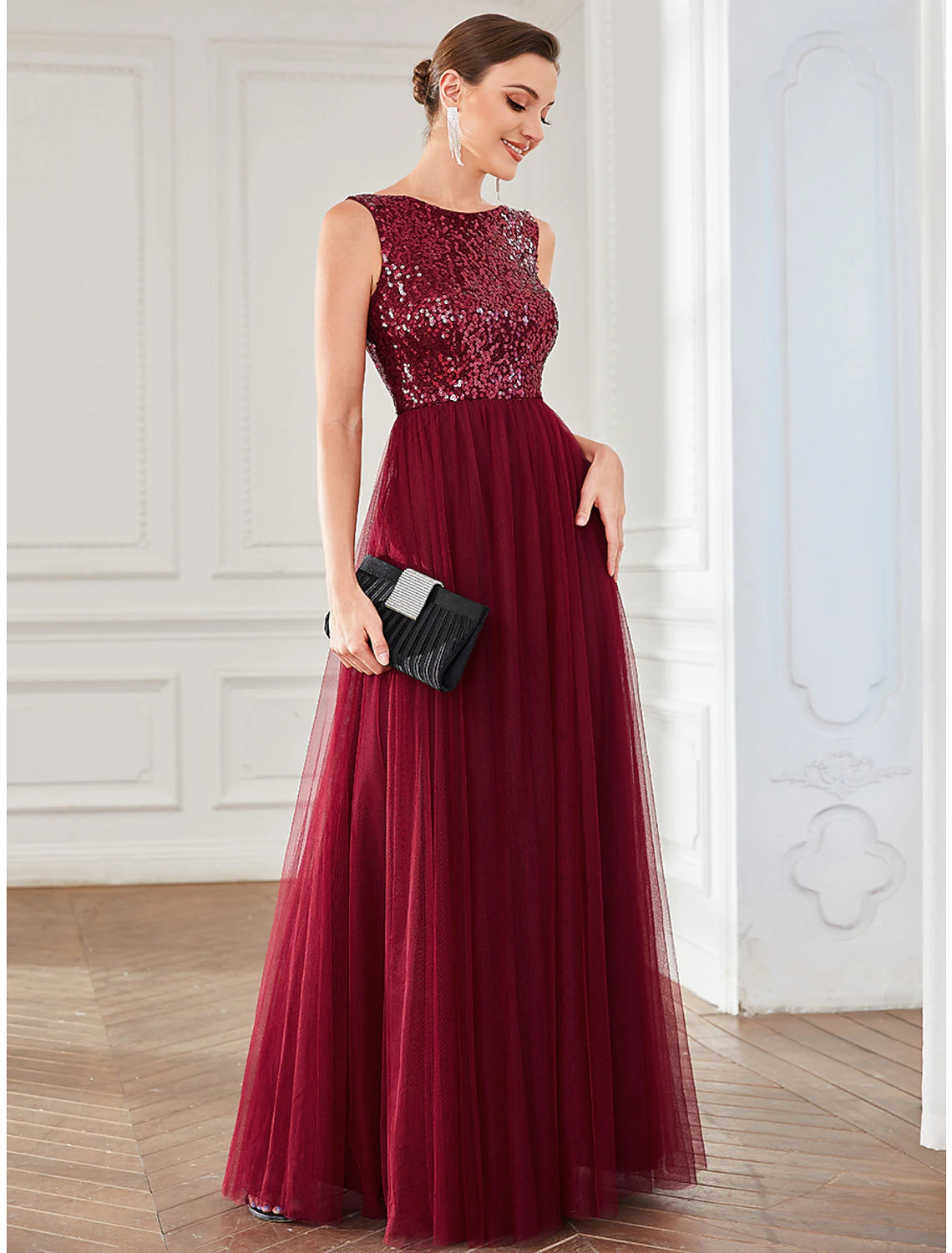 Wholesale  A-Line Party Dresses Sparkle & Shine Dress Wedding Guest Birthday Floor Length Sleeveless Jewel Neck Tulle with Sequin